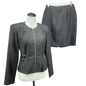 VTG Scarlett Skirt Suit Set Womens 4 Charcoal Windowpane Zip Jacket Hardware 90s